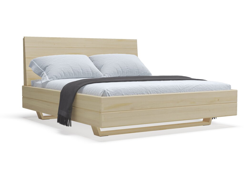 Modernes Massivholzbett aus Eschenholz mit schwebender Optik und markantem Fußgestell. Das Bett verbindet natürliche Ästhetik mit innovativem Design. Die klare Formensprache und die natürliche Holzstruktur sorgen für eine warme, einladende Atmosphäre.
