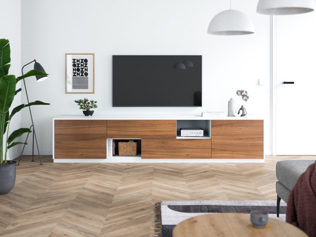 Ein großes Sideboard in Nussdekor und Weiß.