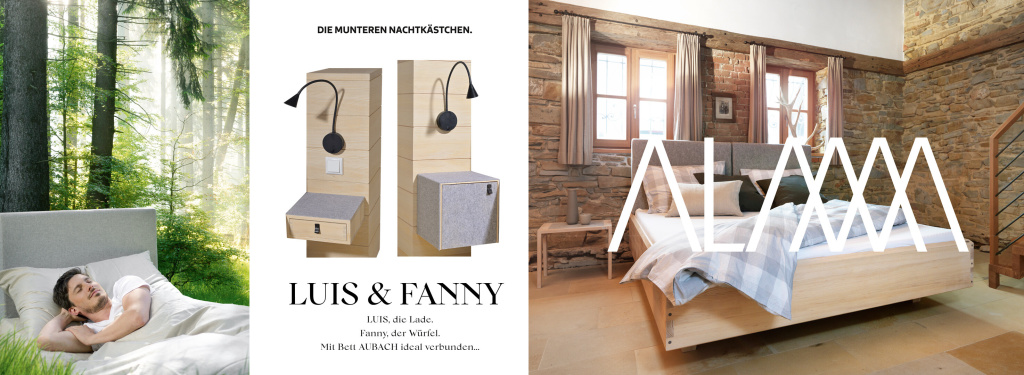 Ein dreiteiliger Header für die Naturmöbelmarke ALMM. Links ein junger Mann, der im Naturbett im Wald schläft, mittig zwei Nachtkästchen, Luis und Fanny aus Tannenholz und Details aus Schurwollfilz. Rechts ein Massivholzbett aus Tanne mit Lodenhaupt und Zapfenverbindung mit Nussholznägeln.