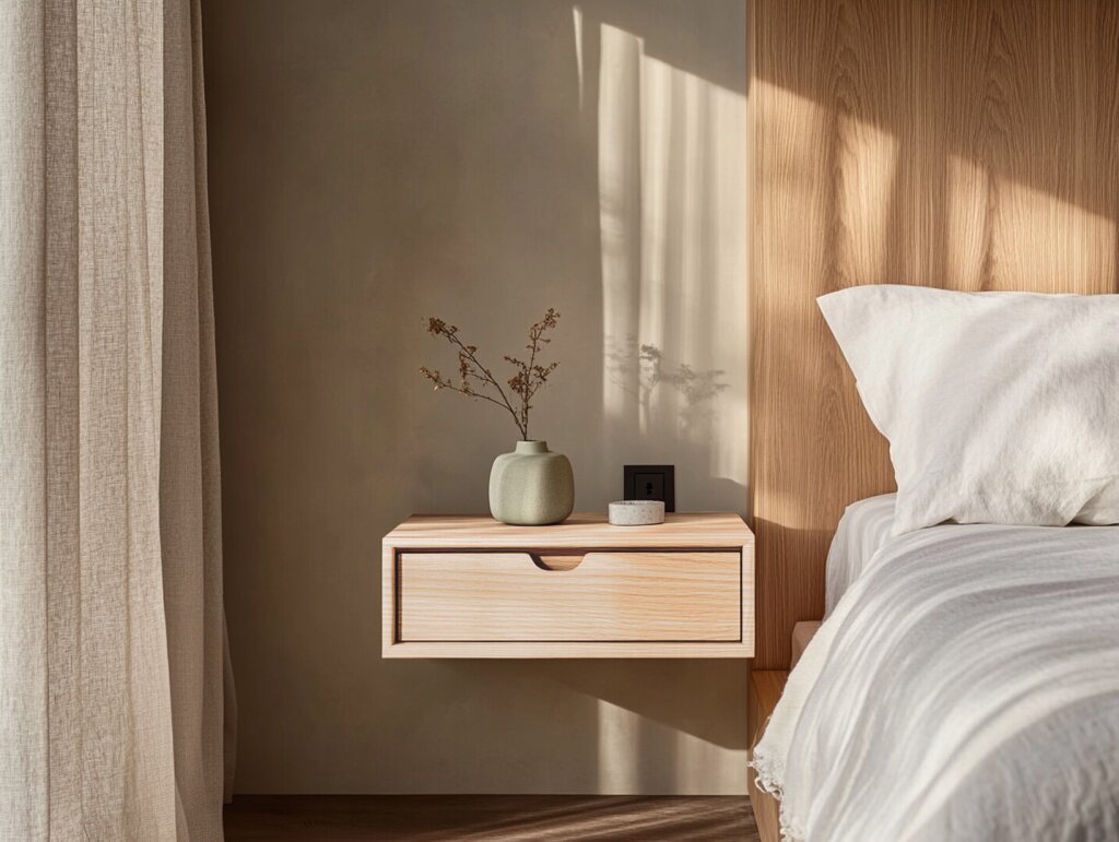 Ein an der Wand montiertes sehr kleines, reduziertes Nachtkästchen aus Tannenholz, weiß geölt. Eine ausgefräste Griffschale unterstreicht das schliche Design.