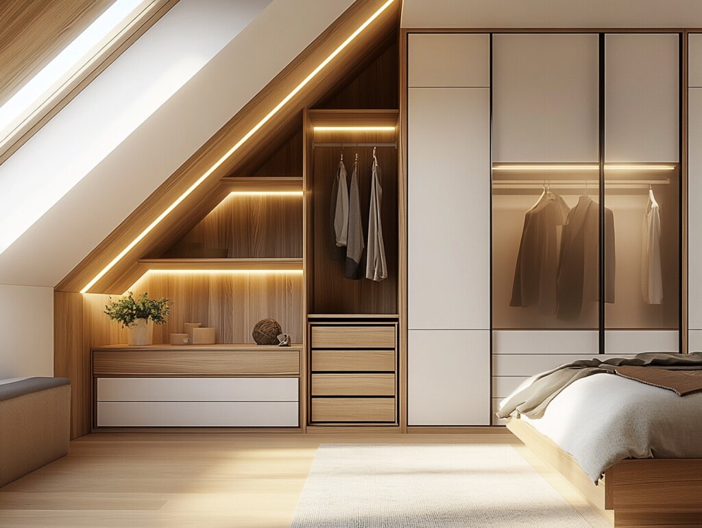 Einbauschrank unter einer Dachschräge mit moderner, indirekter Beleuchtung und hellen Holzoberflächen. Der Schrank kombiniert geschlossene Fronten, offene Regale und Schubladen, angepasst an die schräge Raumform. Kleidungsstücke hängen geordnet hinter einer Glastür. Links befindet sich eine gemütliche Sitzbank unter einem Fenster. Die Atmosphäre wirkt hell, einladend und freundlich.