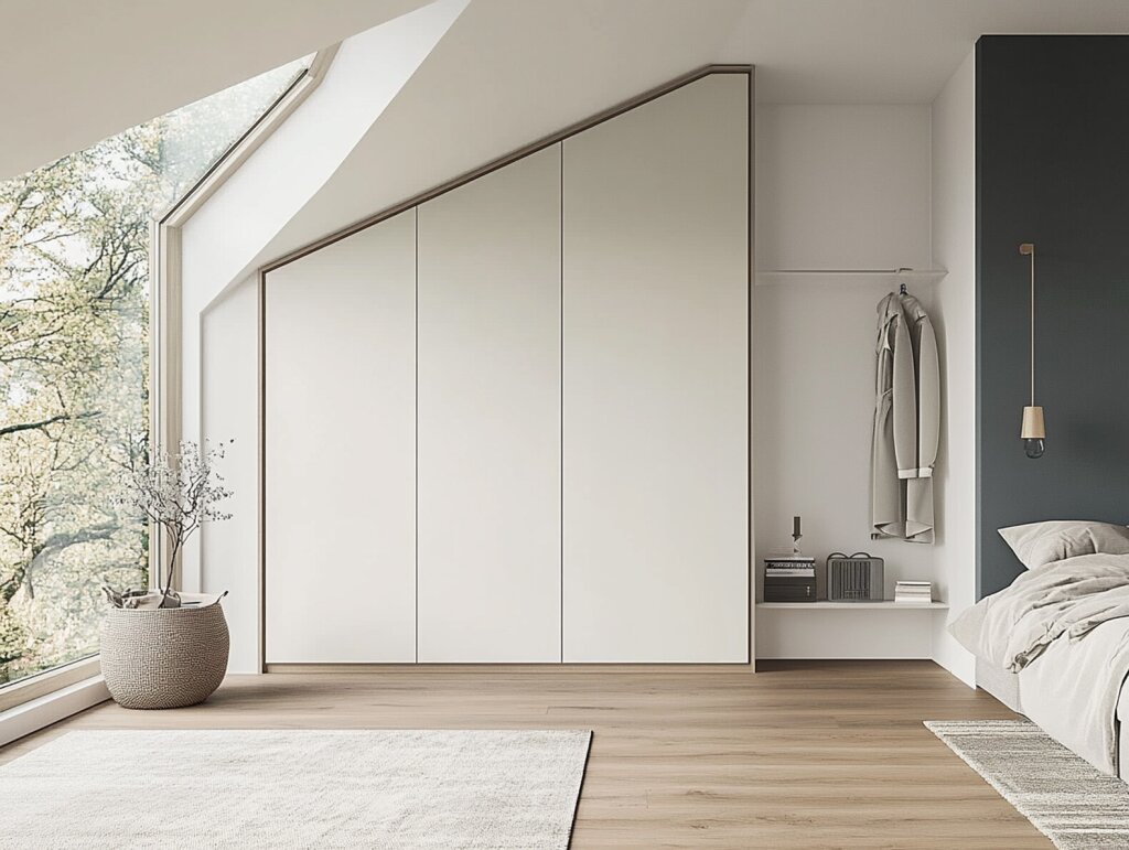Geschlossener weißer Einbauschrank unter einer Dachschräge in einem schlichten, modernen Schlafzimmer. Rechts ein Raumhohes Fenster in der Dachschräge mit Ausblick ins Grüne, Links ein gemütliches Bett. Alles sehr hell und einladend, gemütlich und modern.