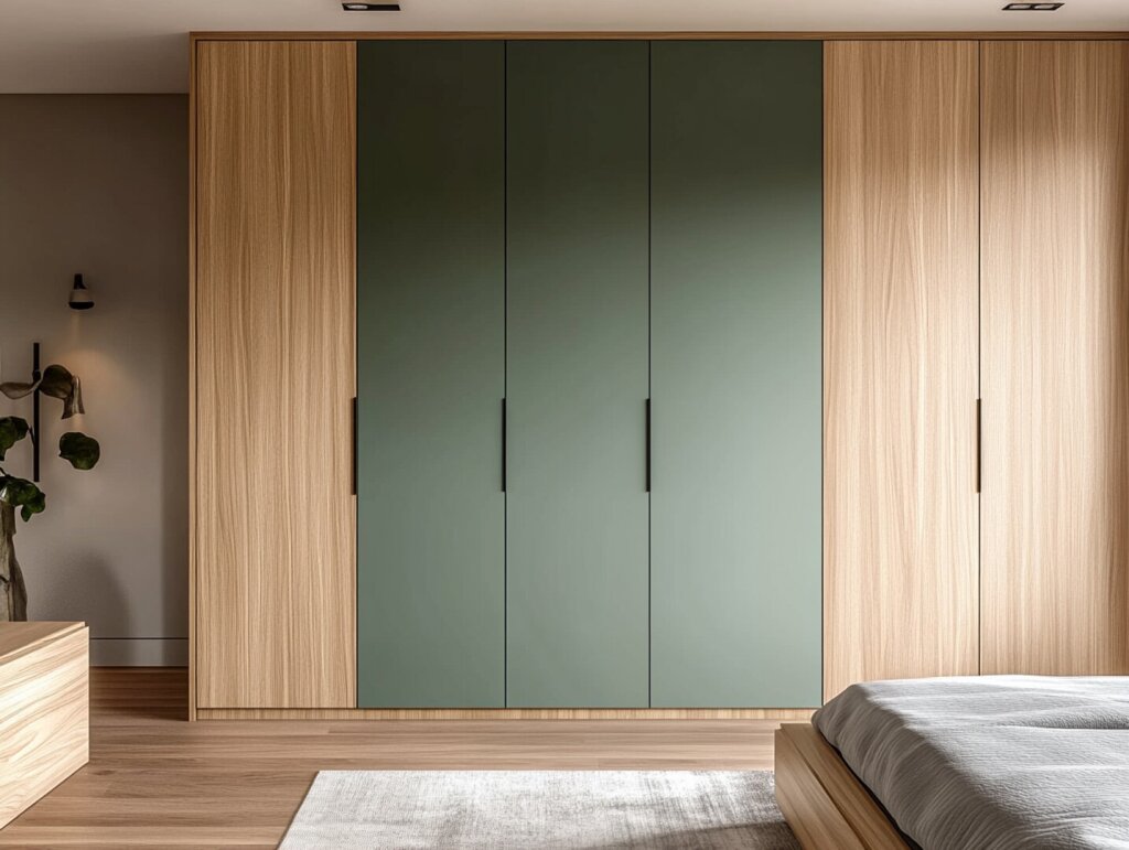 Geschlossener raumhoher Einbauschrank in einem Schlafzimmer. Naturholz kombiniert mit gedämpftem Grün, dezente Griffleisten. Der Raum wirkt warm und einladend, natürliches Licht fällt seitlich in den Raum.