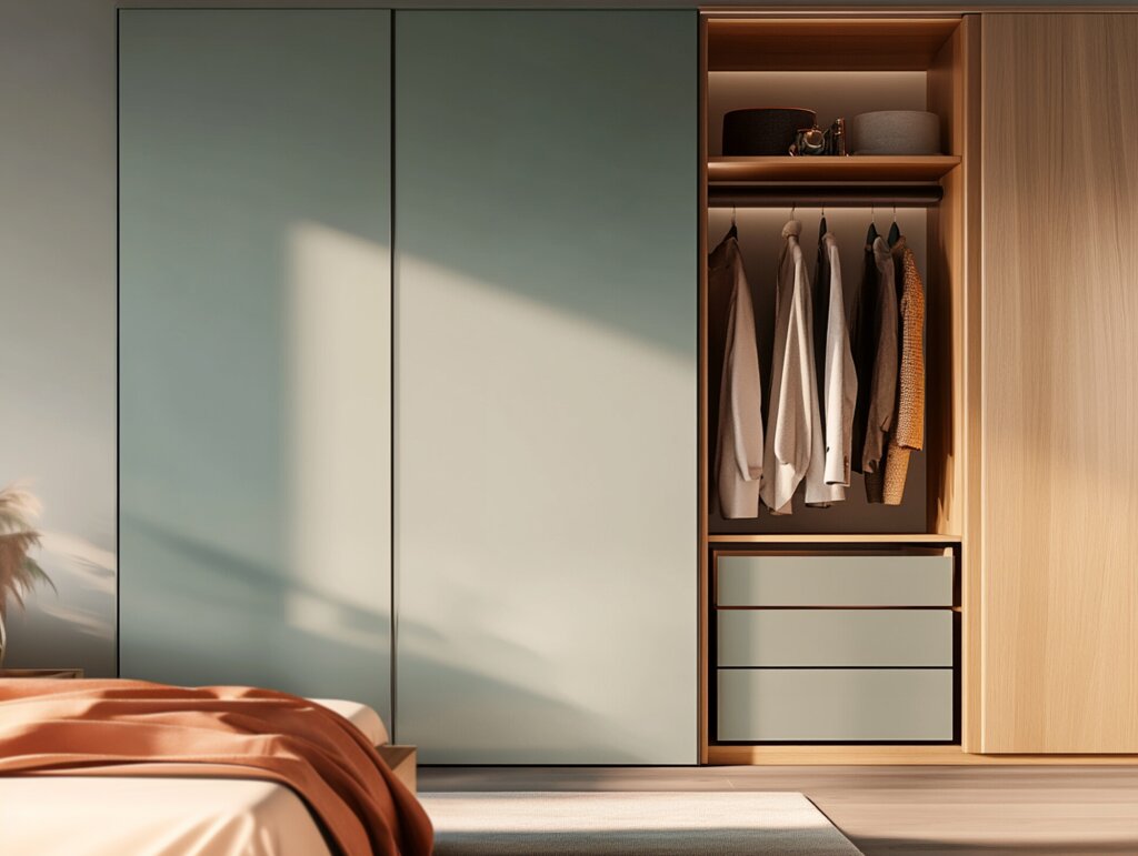 Halboffener Kleiderschrank mit mintgrünen, matten Schiebetüren und Elementen aus hellem Holz. Ein Teilbereich zeigt ordentlich hängende Kleidung auf Kleiderbügeln, darüber befindet sich ein Regalboden mit dekorativen Accessoires. Darunter sind drei Schubladen in mintgrün. Im Vordergrund ist ein Bett mit einer Decke in warmem Orangeton zu sehen. Sonnenlicht fällt weich und warm in den Raum und erzeugt eine entspannte Atmosphäre.