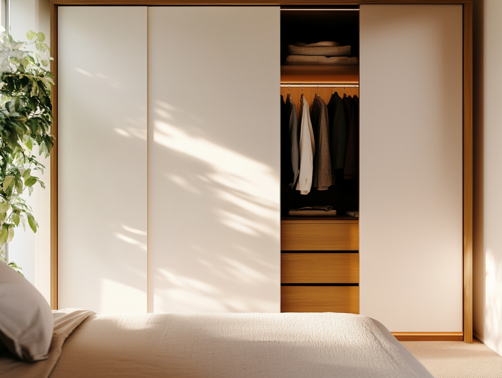 Ein Schrank mit weißen Schiebetüren und Innengestaltung (Fächer und Laden) aus Eiche. eine Schiebetür ist geöffnet und gibt das sauber geordnete Innenleben des Schrankes preis. Auf einer Kleiderstange hängt Kleidung, in den Regalfächern ist ebenfalls Kleidung sauber gestapelt. Im Vordergrund ein angeschnittenes Doppelbett.
