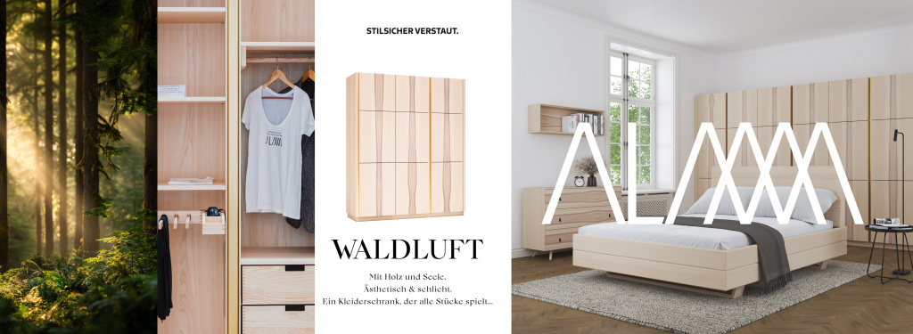 Collage mit vier Bildern, die den Charakter von Naturmöbeln einfangen: Ein Waldmotiv mit warmem Sonnenlicht, ein heller Kleiderschrank mit offener Inneneinrichtung und Holzelementen, sowie ein Schlafzimmer mit Bett und Schrankfronten aus hellem Holz. Mittig der Schriftzug „Waldluft – Mit Holz und Seele. Ästhetisch & schlicht. Ein Kleiderschrank, der alle Stücke spielt...“. Die Atmosphäre wirkt natürlich, harmonisch und hochwertig.