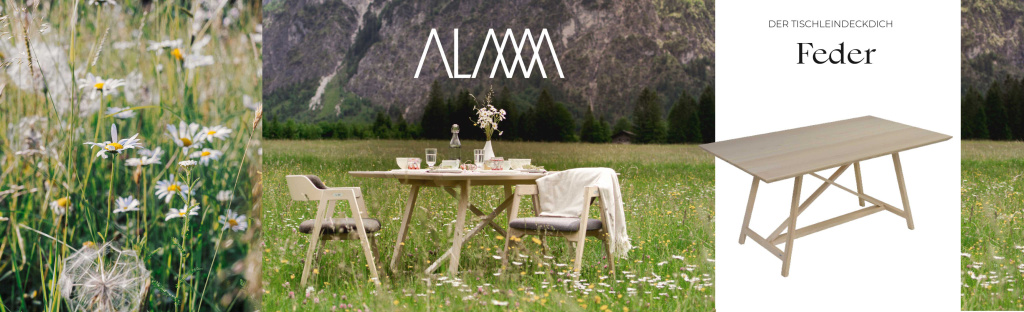 Ein Header für die Naturmöbellinie ALMM. Links eine Blumenwiese mit Margeriten, mittig ein gedeckter Massivholz Tisch auf einer Blumenwiese. Rechts derselbe Massivholztisch noch einmal als Produktfoto dargestellt. Text: Tisch Feder - der Tischleindeckdich.