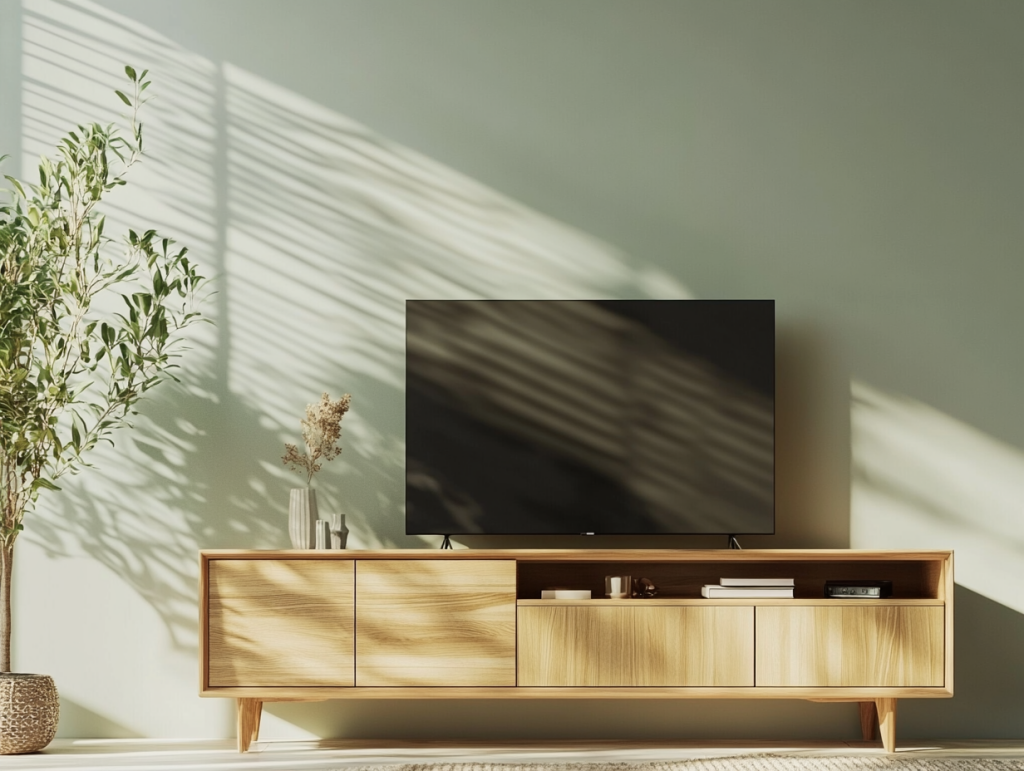 Ein freistehendes TV-Sideboard aus massivem Eichenholz mit einem leichten Fußgestell, zwei Drehtüren, zwei Schubladen und einem offenen Fach. Das Möbel steht vor einer pastellgrünen Wand, durchs Fenster fällt Sonnenlicht und erzeugt Lichtreflexe auf Wand und Möbel. Helle, freundliche und einladende Atmosphäre, die perfekt zum Naturholzmöbel passt.
