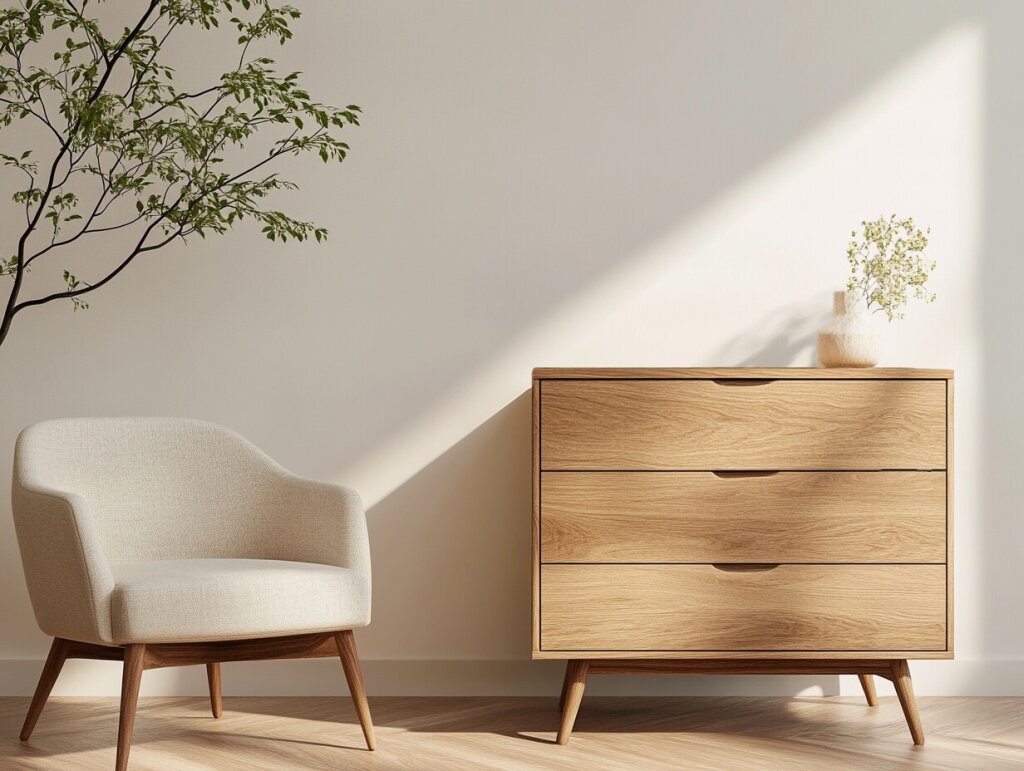 Eine klassische Kommode mit drei Laden aus weiß geölter Eiche. Zurückhaltendes Design mit edlen Griffschalen und leichten nach außen geneigten Füßen. Neben der Kommode steht ein kleiner Fauteuil. Er hat dasselbe Fußgestell wie die Kommode, so dass beide Möbel wie eine Einheit wirken. Sanftes Tageslicht fällt in den Raum und auf die Möbel, zurückhaltende Deko und leichte Pflanzenelemente sorgen für ein gemütliches und einladendes Raumgefühl.