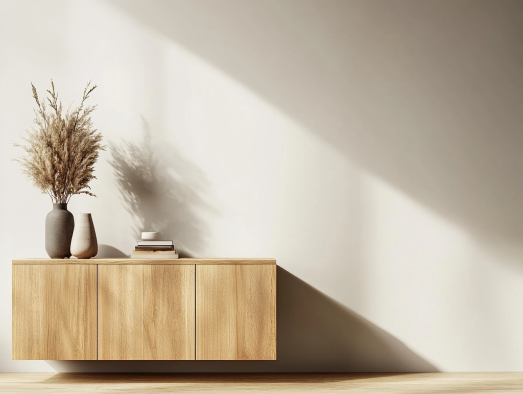 Ein schlichtes Highboard mit Wandaufhängung aus Eichenholz mit feiner Maserung. Schlichte Dekoration mit Vasen, Gräsern und Büchern. Sonnenlicht fällt seitlich in den Raum und sorgt für sanfte Schatten und ein schönes Lichtspiel im Bild.