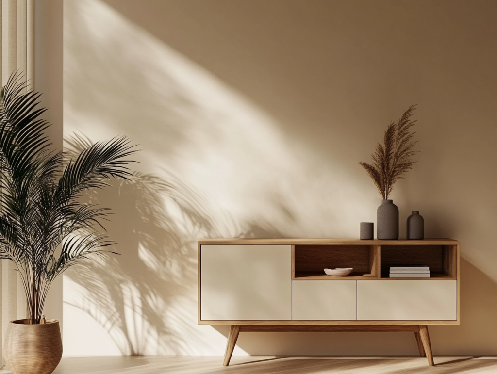 Ein freistehendes Sideboard mit einem Fußgestell und Ramen aus Eichenholz und matten sandfarbenen Fronten. Dezente, stilvolle Dekorationsobjekte. Die Farbpalette ist natürlich mit sanften Sandtönen und warmem Steingrau. Das Bild wirkt harmonisch, Sonnenlicht fällt schräg durchs Fenster und zeichnet die Schatten der Raumpflanzen an die Wand.