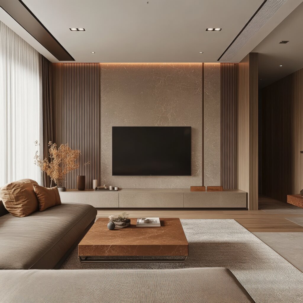 Ein schlichtes, langes und schmales TV Board in Marmoroptik vor einer Wand, ebenso in Marmoroptik mit seitlich dezenten geriffelten deckenhohen Holzpanelen. Über dem Board hängt ein großer Flachbildschirmfernseher. Daneben kleinere Dekorationsobjekte, wie Kerzen, Tongefäße und eine Vase mit getrockneten Gräsern. Vor dem Board eine große Lounge-Couch aus steingrauem Stoff und ein braunter eleganter Couchtisch in Marmoroptik. Die Atmosphäre wirkt reduziert, hochwertig und stilvoll.