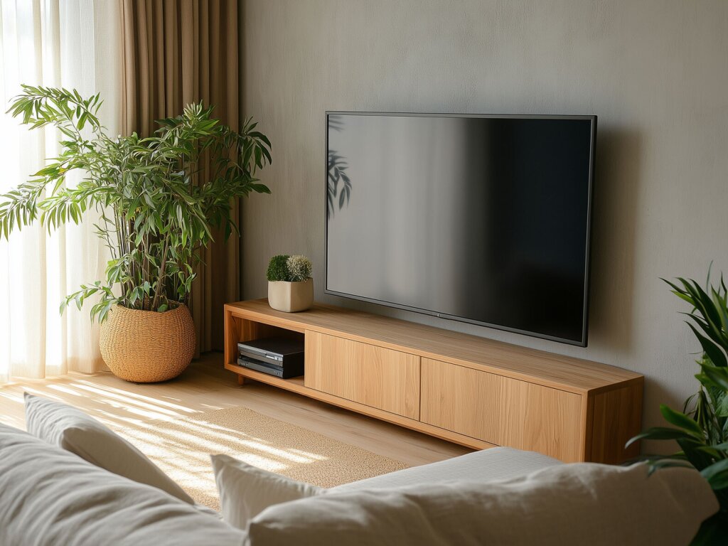 Ein zeitloses, freistehendes TV Board aus hellem Naturholz in einem kleinen, gemütlichen Wohnzimmer mit Pflanzen und einer Naturfarbenen Couch. Das TV Board ist in drei Segmente unterteilt, links bietet ein offenes Segment Platz für eine Spielekonsole, rechts zwei geschlossene Fronten. Sanftes Sonnenlicht fällt durch einen hellen, lichtdurchlässigen Vorhang in den Raum und erzeugt ein Licht- Schattenspiel auf dem naturfarbenen Teppich und Holzboden. Der Raum hat insgesamt einen zeitlosen, schlichten und dabei sehr natürlichen Stil, in den sich das TV Möbel in seiner sanften Natürlichkeit wunderbar einfügt.
