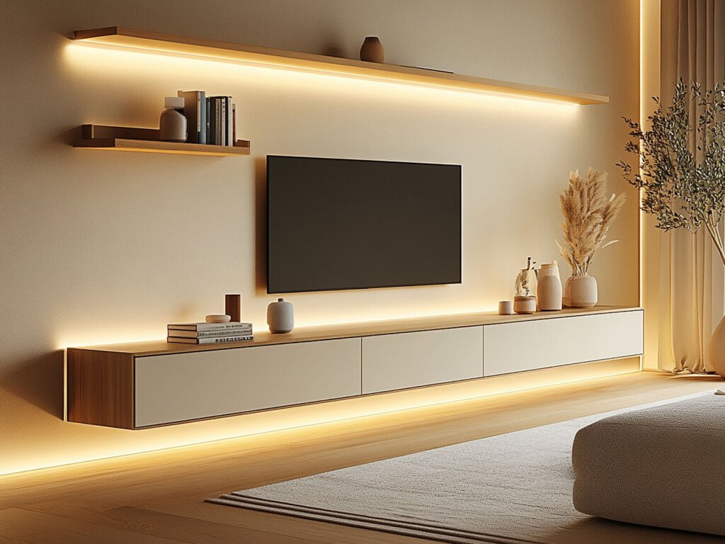 Wandhängendes TV-Board in ruhiger, minimalistischer Gestaltung mit matten Fronten und furnierter Holzplatte, stimmungsvoll inszeniert durch eine rundum verlaufende LED-Hinterleuchtung. Darüber zwei schlichte Wandboards mit Bücher- und Vasenarrangement, ebenfalls mit indirekter Beleuchtung. Die warme Lichtfarbe betont die harmonische Farbgebung des Raumes, in dem Textilien, Wandfarbe und Boden tonig aufeinander abgestimmt sind. Rechts im Bild sorgt eine hohe Vase mit Trockenblumen für natürliche Akzente. Der Raum strahlt Ruhe, Klarheit und moderne Wohnlichkeit aus.