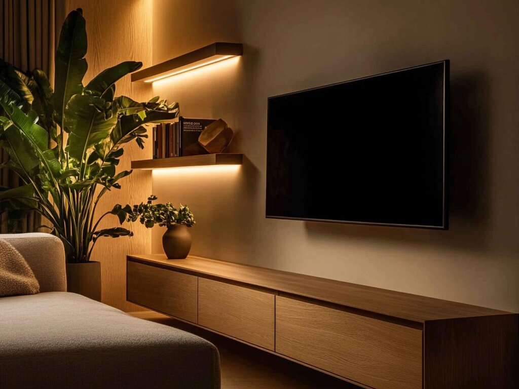 Eine Abendszene im Wohnzimmer mit Fokus auf einem wandgehängten Sideboard aus Eichenholz, kombiniert mit zwei Boards mit integrierter indirekter Beleuchtung. Eine Couch und eine Grünpflanze erzeugen ein gemütliches Raumgefühl.
