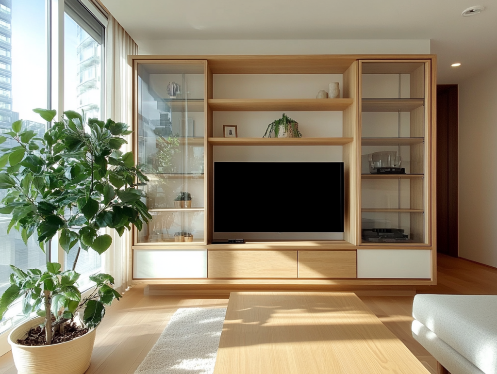 Großzügige Wohnwand mit offener Regalstruktur und seitlich integrierten Glasvitrinen, kombiniert mit natürlichen Holztönen und hellen Fronten. Der Fernseher ist zentral eingebettet und wird von dezent arrangierten Dekoelementen und Zimmerpflanzen umrahmt. Die raumhohen Fenster lassen viel Tageslicht in den Raum und unterstreichen die luftige, moderne Atmosphäre. Die klare Formsprache des Möbels fügt sich harmonisch in das helle, freundliche Wohnambiente ein.