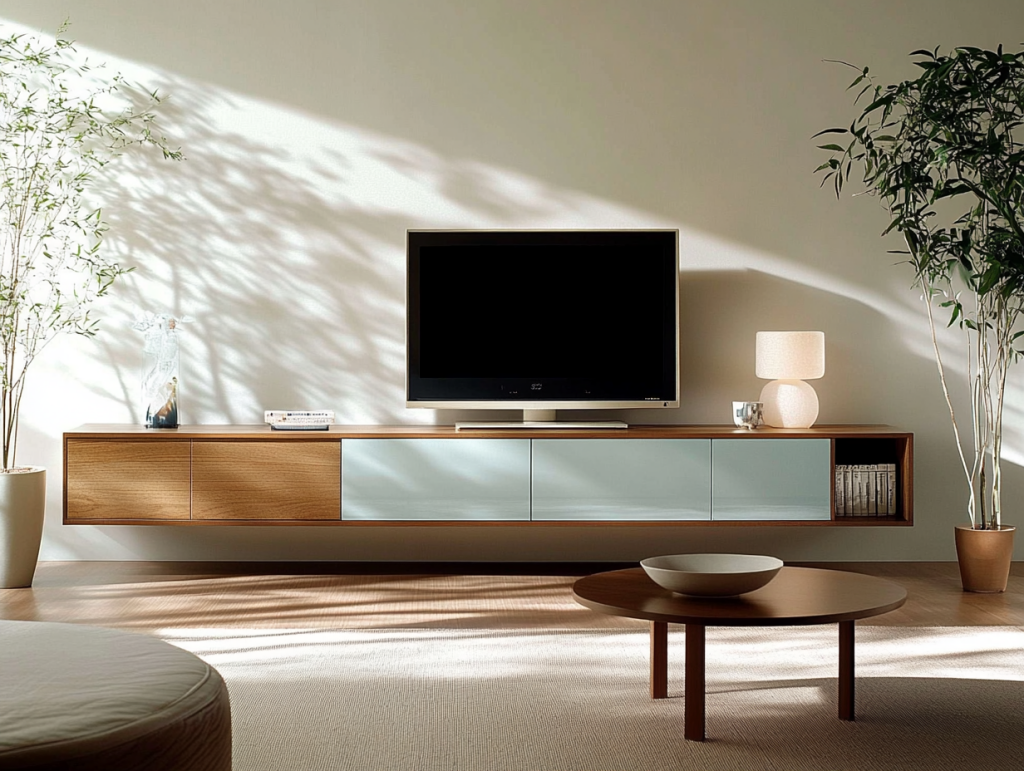 Ein modernes, schwebendes TV Board aus massiver Eiche und Akzenten aus pastellblau lackierten Fronten. Reduzierte Dekoration, und feingliedrige Pflanzen , sowie seitlich einfallendes Sonnenlicht machen den Raum frisch, leicht und luftig.