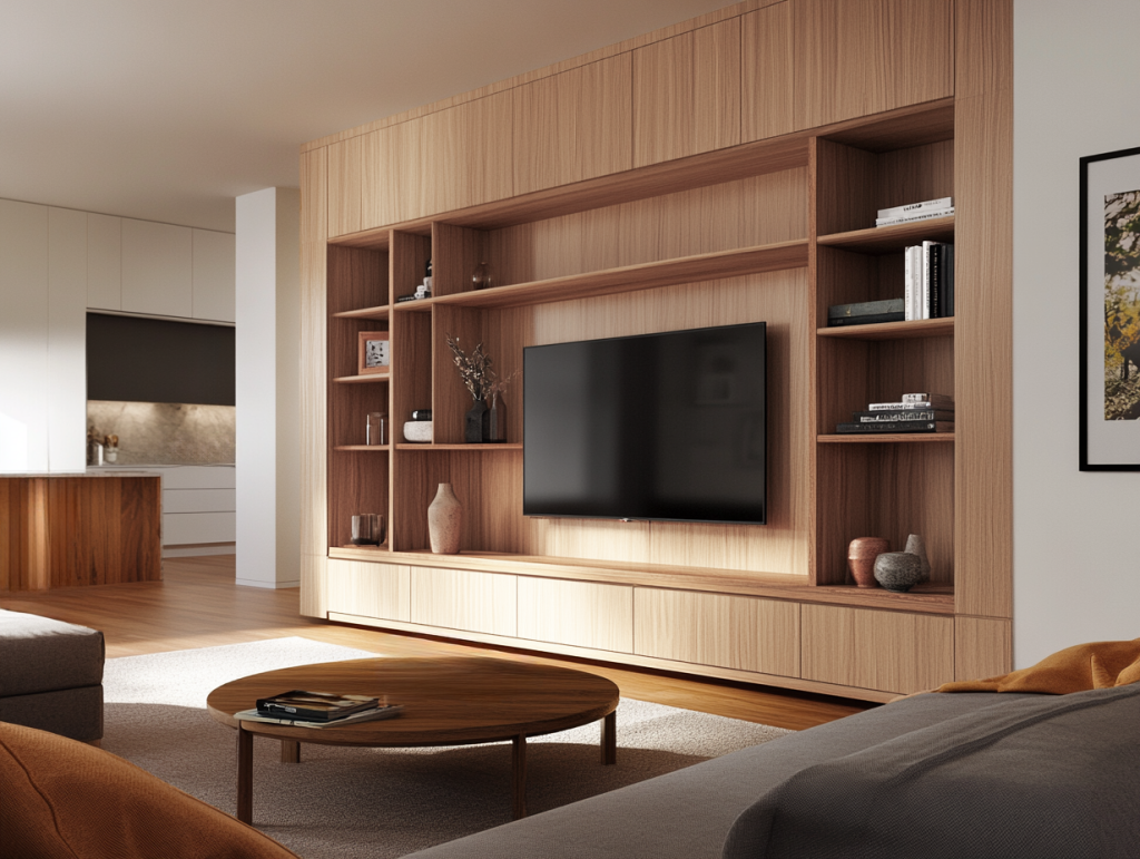 Offenes, modernes Wohnzimmer mit einer maßgefertigten Wohnwand aus hellem Holz, die den Fernseher elegant integriert. Offene Regale und geschlossene Schränke bieten Platz für Bücher, Dekoration und persönliche Gegenstände. Eine gemütliche Sofalandschaft mit warmen Textilien sowie ein runder Couchtisch ergänzen das harmonische Gesamtbild. Der fließende Übergang zur offenen Küche unterstreicht das luftige, einladende Raumkonzept.