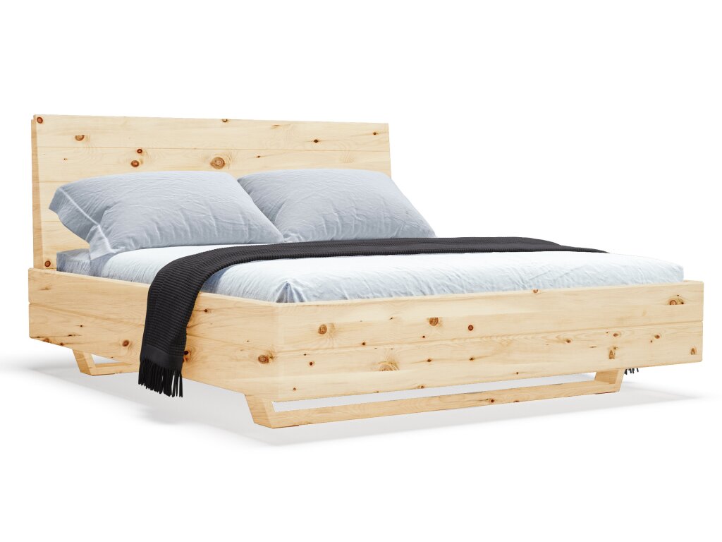 Modernes Zirbenbett mit schwebender Optik und markantem Fußgestell. Das Bett aus massivem Zirbenholz verbindet natürliche Ästhetik mit innovativem Design. Die klare Formensprache und die sichtbare Holzstruktur sorgen für eine warme, einladende Atmosphäre.