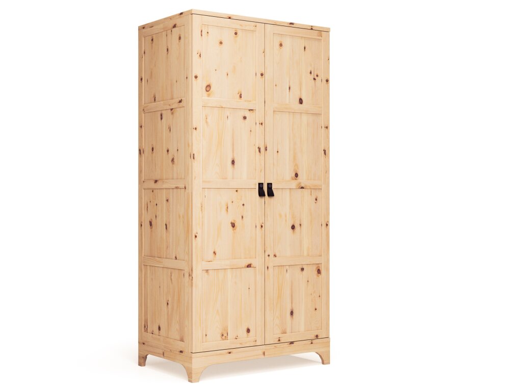 Zirbenschrank im klassischen Design mit Kassettentüren. Der hohe, geräumige Kleiderschrank aus massivem Zirbenholz bietet viel Stauraum und besticht durch seine natürliche Holzmaserung. Schwarze Griffdetails setzen einen dezenten Akzent.