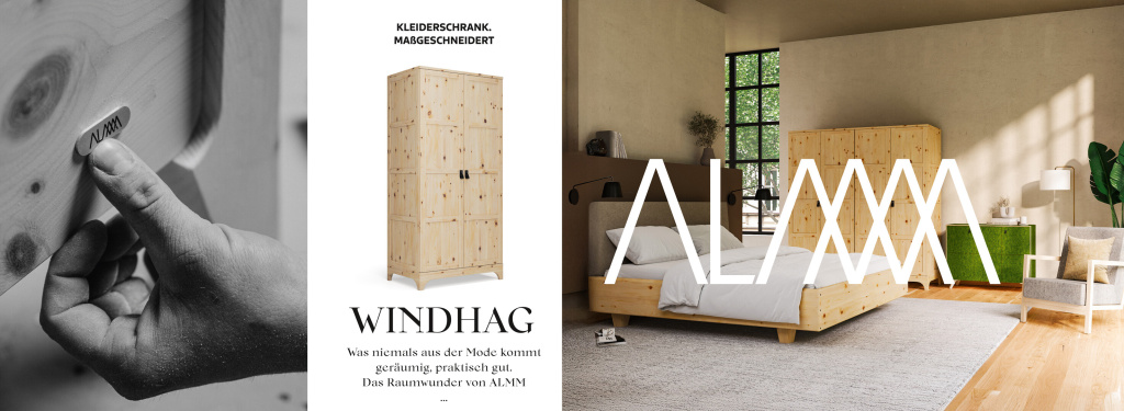Collage mit handgefertigtem Zirbenmöbel von ALMM. Links eine Nahaufnahme einer Hand, die das ALMM-Logo auf ein Holzmöbel anbringt. In der Mitte ein maßgefertigter Kleiderschrank aus Zirbenholz mit klassischen Kassettentüren. Rechts eine moderne Schlafzimmer-Szene mit einem Zirbenbett, einem passenden Schrank und einem grünen Sideboard, eingerahmt von großen Fenstern und warmem Tageslicht.