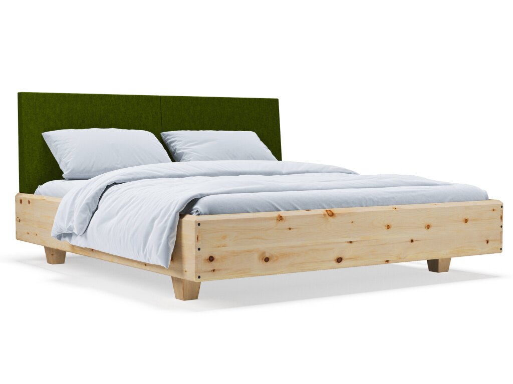 Zirbenbett mit gepolstertem Kopfteil in frischem Grün. Der massive Holzrahmen aus naturbelassenem Zirbenholz kombiniert sich mit der weichen Filzpolsterung zu einem harmonischen Design. Klare Formen und stabile Füße verleihen dem Bett eine zeitlose Optik.